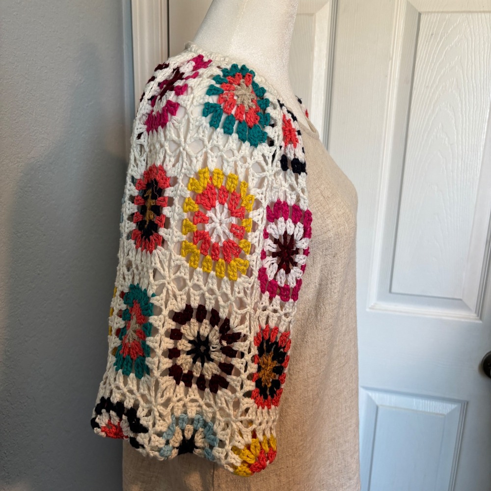 Umgee Linen Blend Crochet Boho Granny Square Sleeve Blouse Top Tan Multi L A0382 - Picture 4 of 12